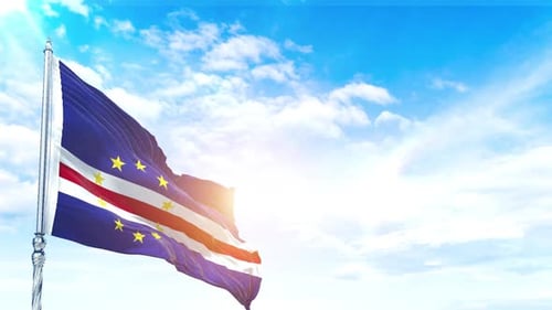 Cape Verde National Flag Waving in Bright Sunny Sky