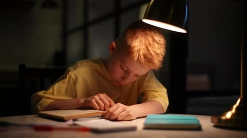 Child Concentrating on Homework Under Desk Lamp