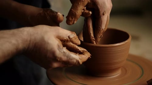 Closeup Unrecognized Man And Woman Shaping Clay Pot In Workshop. Unknown Masters Making Handmade ...