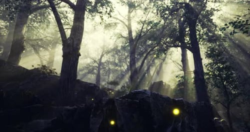 Forêt magique illuminée par des lucioles rougeoyantes au crépuscule