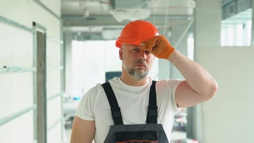 Portrait of a Positive 40s Builder on the Construction Site of the Office