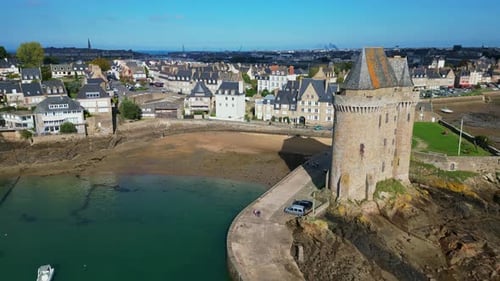 Solidor tower with Port of Bas Sablons and Saint-Malo city in background, Brittany in France. Aerial