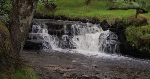 Wide shot of water cascading over rocks at East gill force, waterfall, through trees on the river