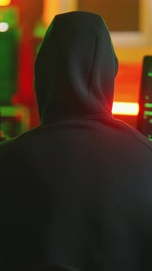 Vista posterior de un hacker o usuario anónimo de Internet con capucha negra trabajando con una poderosa computadora en