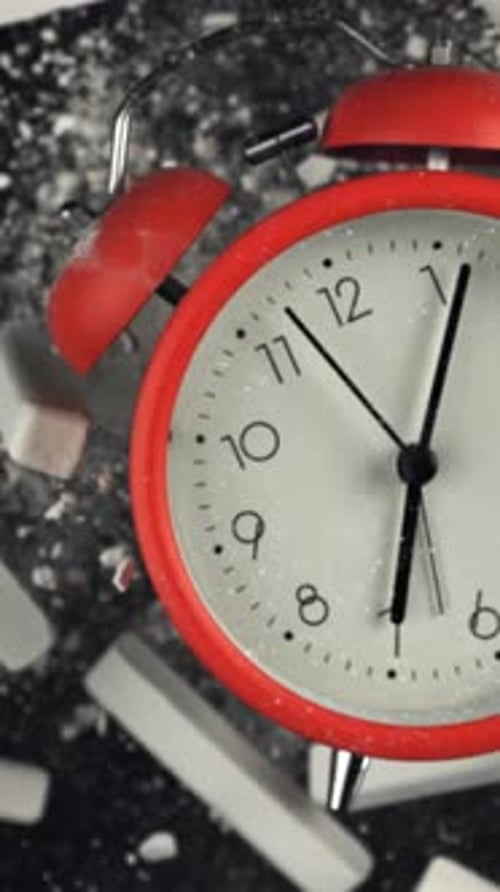 Alarm Clock and School Crayons Fly Up on a Black Background Filmed on a Highspeed Camera at 1000 Fps
