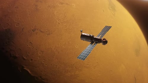 Space Station flies in orbit planet Mars