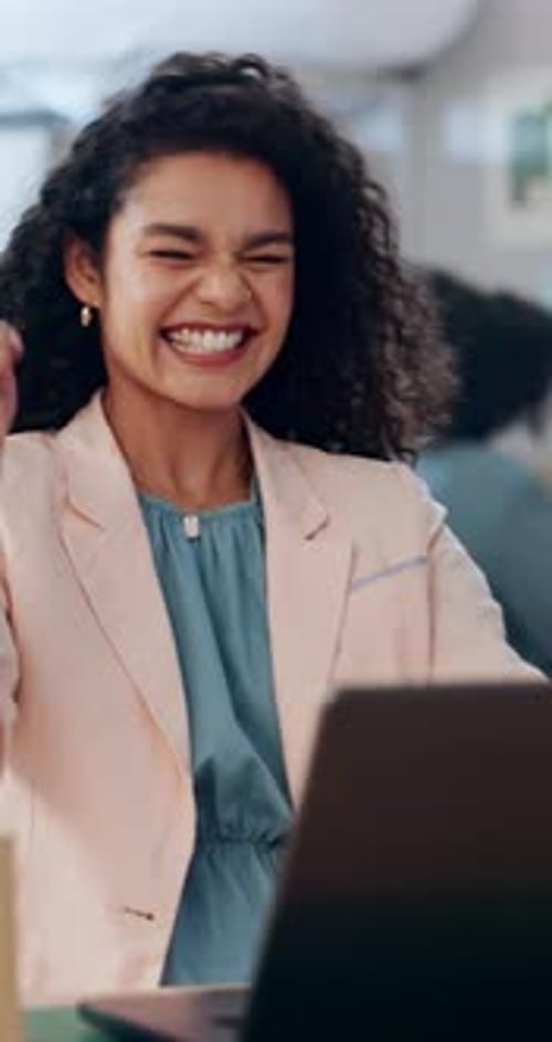 Business, woman or excited and celebrate with laptop for logistics success