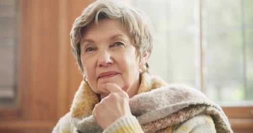 Senior woman, thinking and remember memory in home, idea and decision making