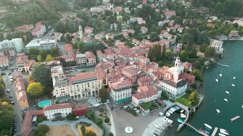 Panorama of Lake Como in Italy Aerial View of the Old Town with the Church in the Central Square