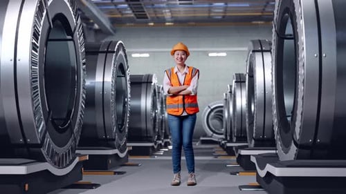 Asian Female Engineer Crossing Her Arms And Smiling To Camera In Metal Factory