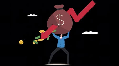 economic crisis, bankrupt person, red down arrow animation 4k with alpha channel