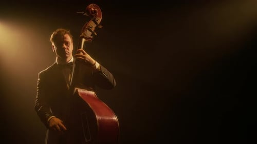Bass Player Performing Jazz Music on Dark Stage