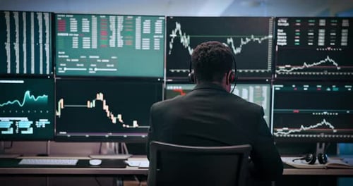 Man, back and screen with graph for stock market research, investment or monitoring NFT at office
