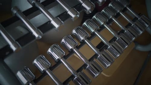 A Closeup View of a Pair of Adjustable Dumbbells Situated in a Modern Gym Environment