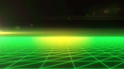 Una red digital verde brillante que se extiende hasta el horizonte