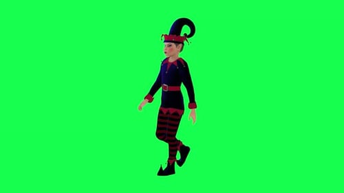 Animated clown elf walking right angle on green screen