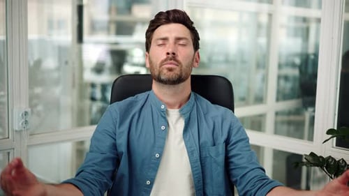 Calm Mindful Young Businessman Meditating Doing Exercise Feel No Stress