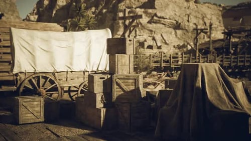 Vintage Western Town Background with Wagon and Crates