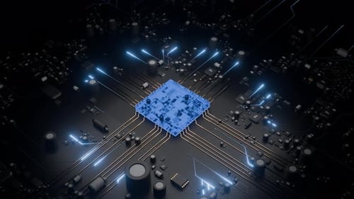 Futuristic Circuit Board with Glowing CPU and Data Processing