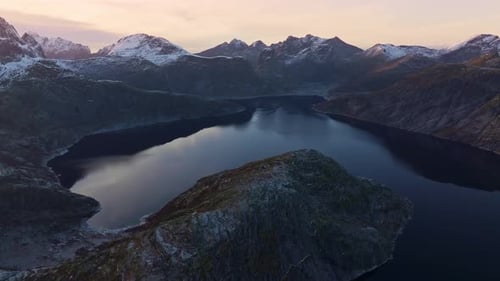 Aerial View of Mountain Lake at Sunset