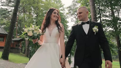 The Newlyweds are Walking in the Park on Their Wedding Day Beautiful Bride and Groom are Holding