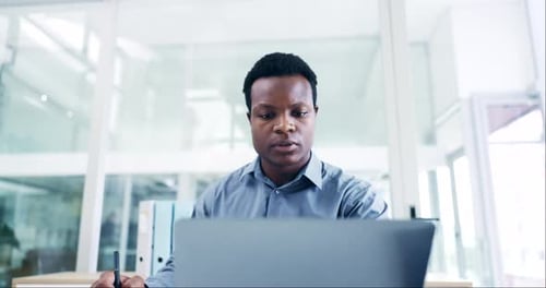 Office laptop, reading or black man, business admin or agent writing notebook summary of company