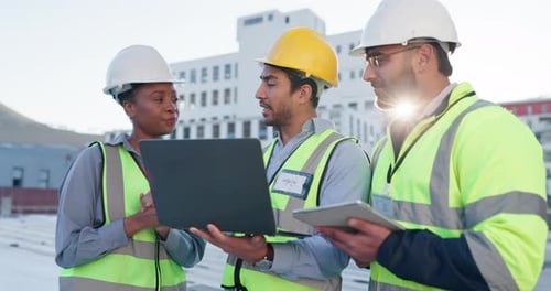 Business people, architect and team with laptop for construction, architecture