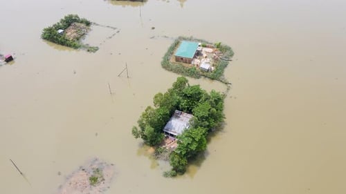 South asian village submerged by flood water, Aerial shot