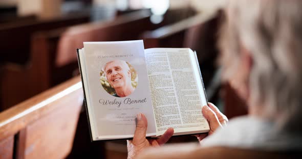 Funeral, church and person with pamphlet and bible for memorial service