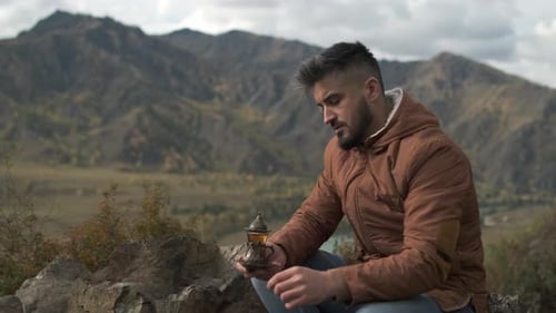 Hiker Tourist Traveler Man Drinking Hot Thermos Cup Mountain Camping Camp Tent Traveling Hikingю