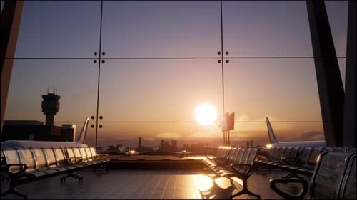 Empty Waiting Room In Airport Terminal At Sunset. 3D Render