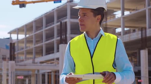 Professional Builder Standing in Front of Construction Site Foreman in Hardhat Helmet and Vest