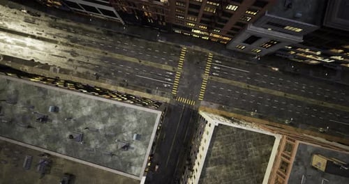 Cityscape Captured From Above Highlights Dark Streets with Faint Yellow Lines
