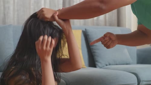 Asian Woman Victim Of Violence With Bruise On Body Abused By Man's Hands Pulling Her Hair
