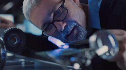Close-up Portrait of Focused Middle Aged Engineer in Glasses Working with High Precision Laser Equi