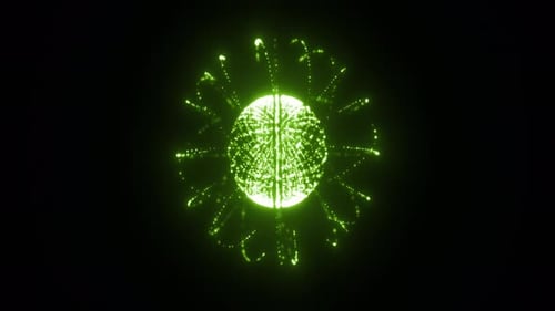 Abstract green glowing sphere made of digital particles and lines floating in dark space