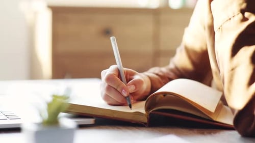 Woman Writing in Journal at Desk Indoors