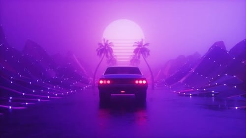 Futuristic Synth Wave Backdrop Of Riding Sports Car At Foggy Road Loop