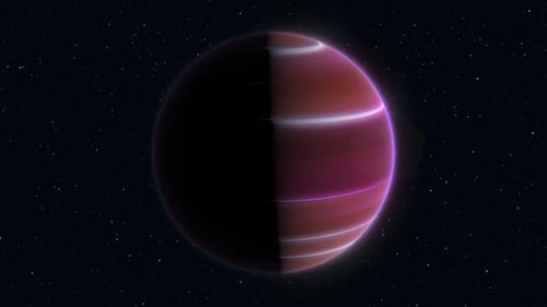 Abstrakter geschlungener, sich drehender Planet lila Hightech-Leuchtkugel im Weltraum