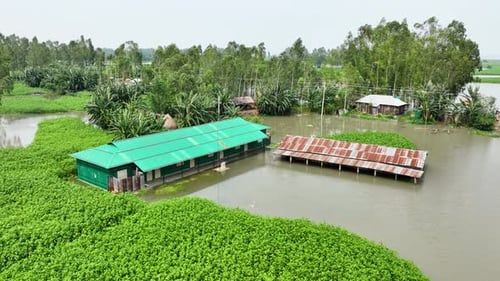 Aerial view of flooded buildings, Bangladesh.
