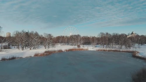 Winter Aerial View of Riga City Skyline, Ferris Wheel, Riga Castle, Old Town, Cathedral Towers