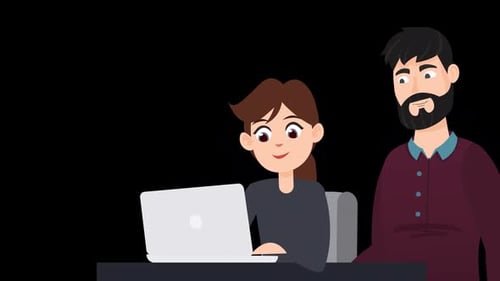 Little Girl Working On Computer With Her Father On Alpha Channel