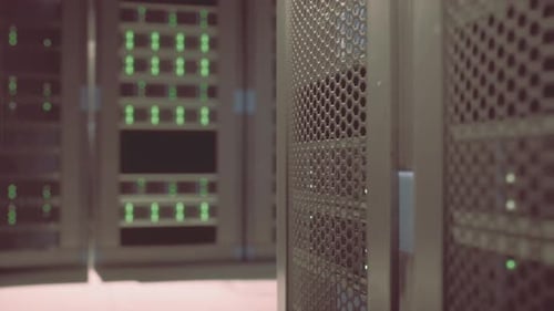 Server Room with Active Supercomputers in Rows