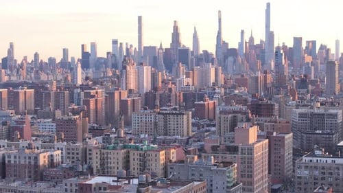 Aerial view of the New York City skyline at dusk