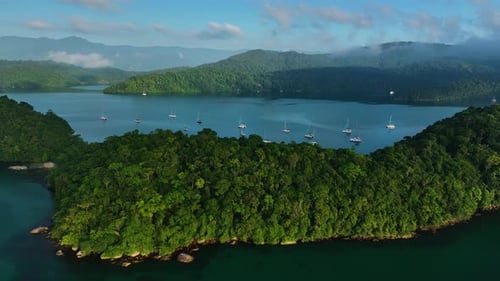 Aerial view of green islands and boats, Brazil.