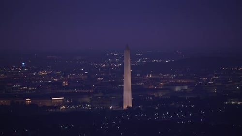 Washington Monument at Night, City Skyline Aerial View