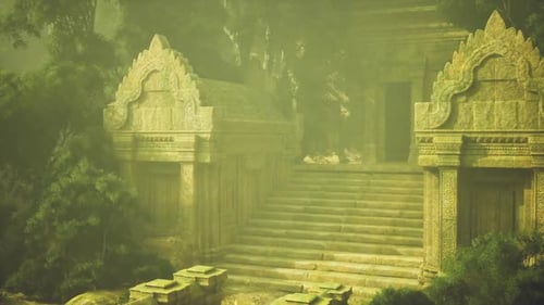 Arche en grès patiné avec mousse et reliefs détaillés invitant à l'exploration