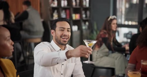 Cheers, friends and bonding in restaurant, group and alcohol for success