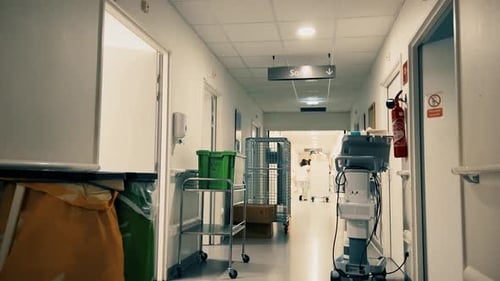 A Hospital Corridor with Medical Equipment
