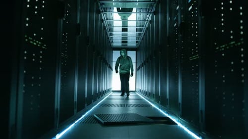 Hooded Hacker in a Mask Walks Through Working Data Center with Open Floor Hatch in the Middle of it